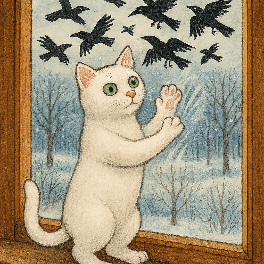 Кот Васька трёт лапами запотевшее окно, чтобы смотреть на птиц