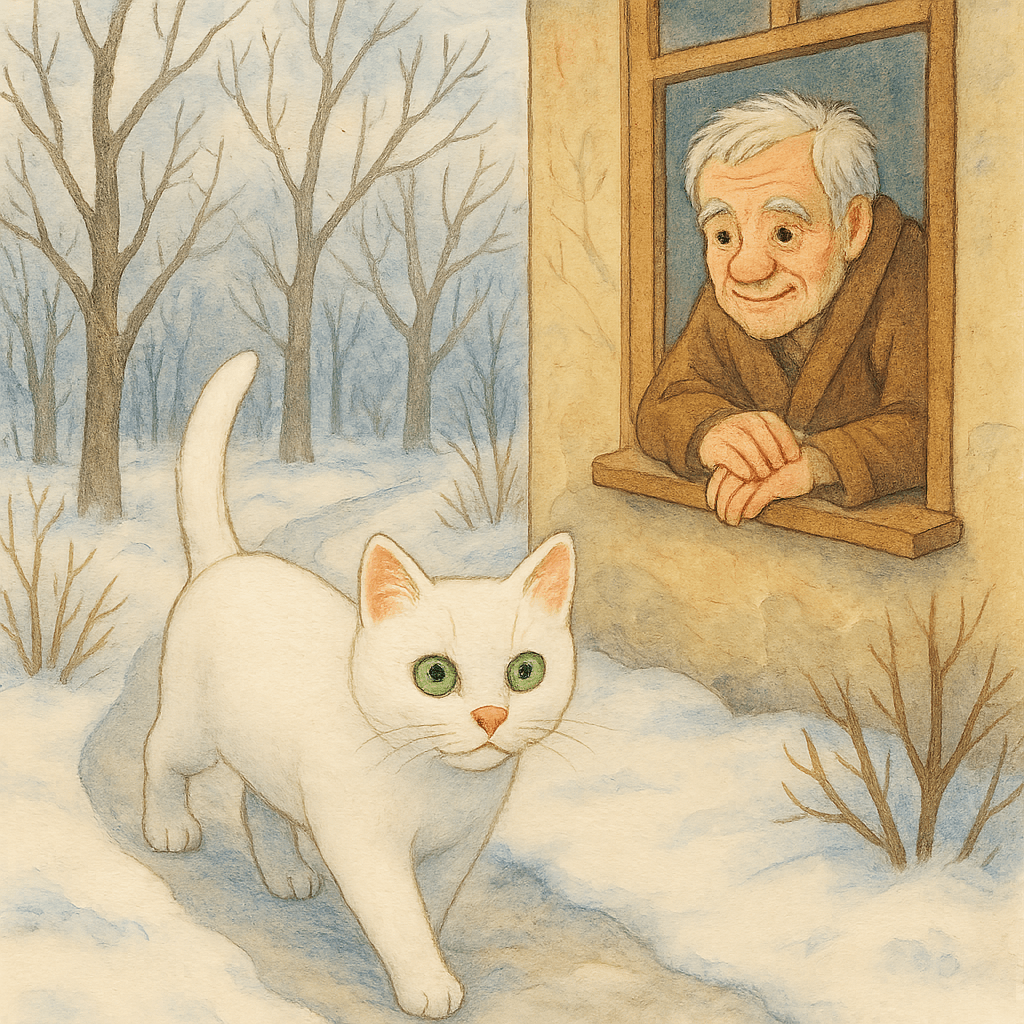 Кот Васька идёт по заснеженному саду, мужчина глядит из окна