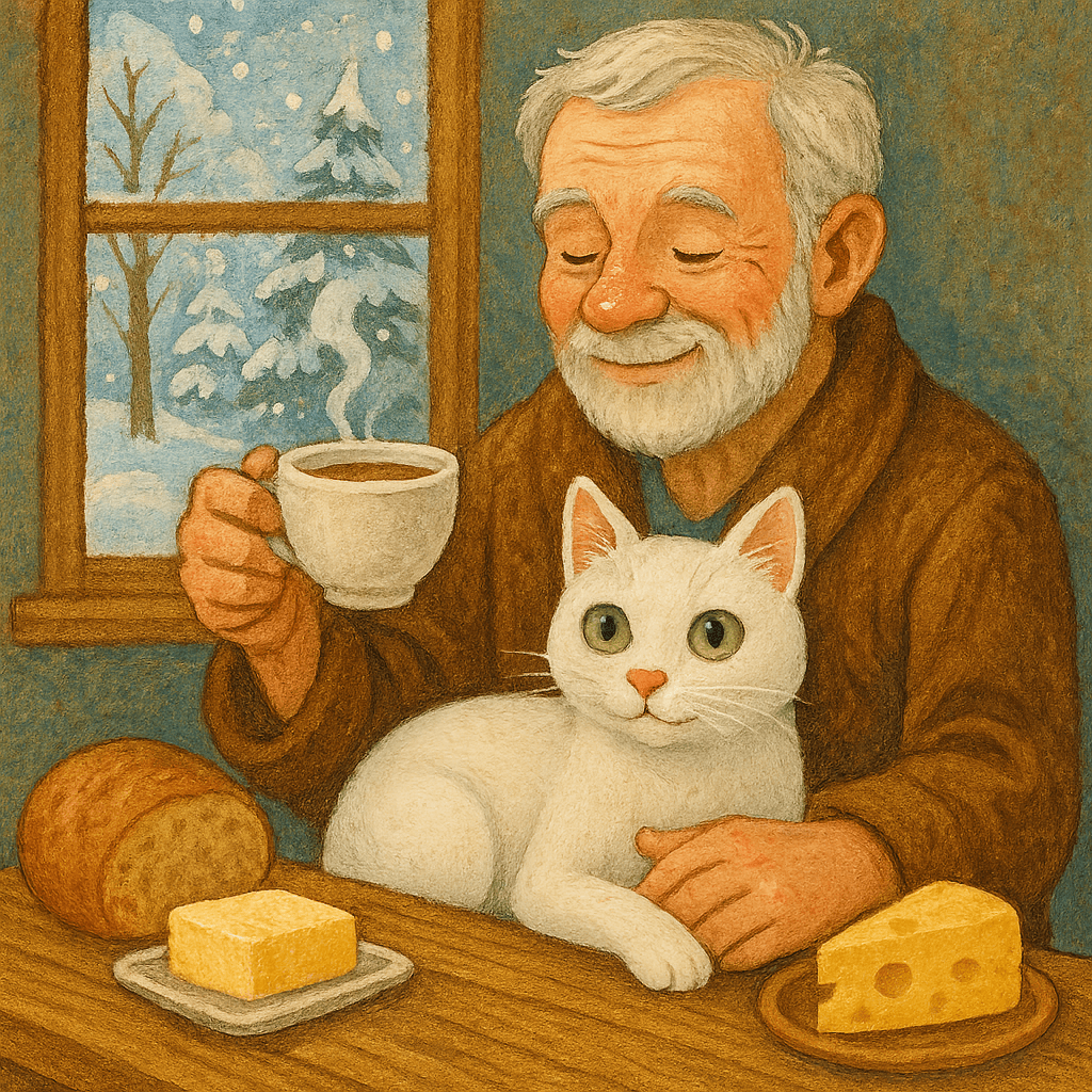 Кот Васька следит за завтраком хозяина, лежа у него на коленях