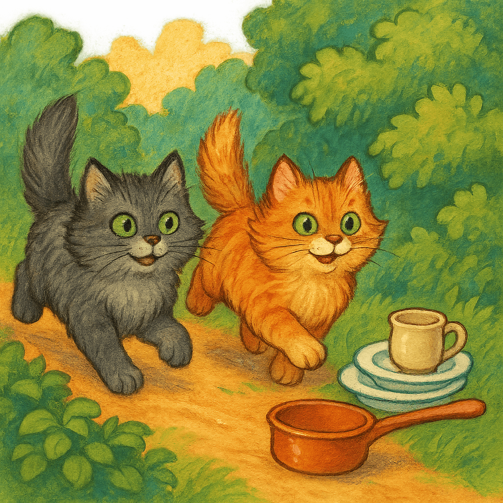 Коты Федоры бегут по тропинке за тарелками