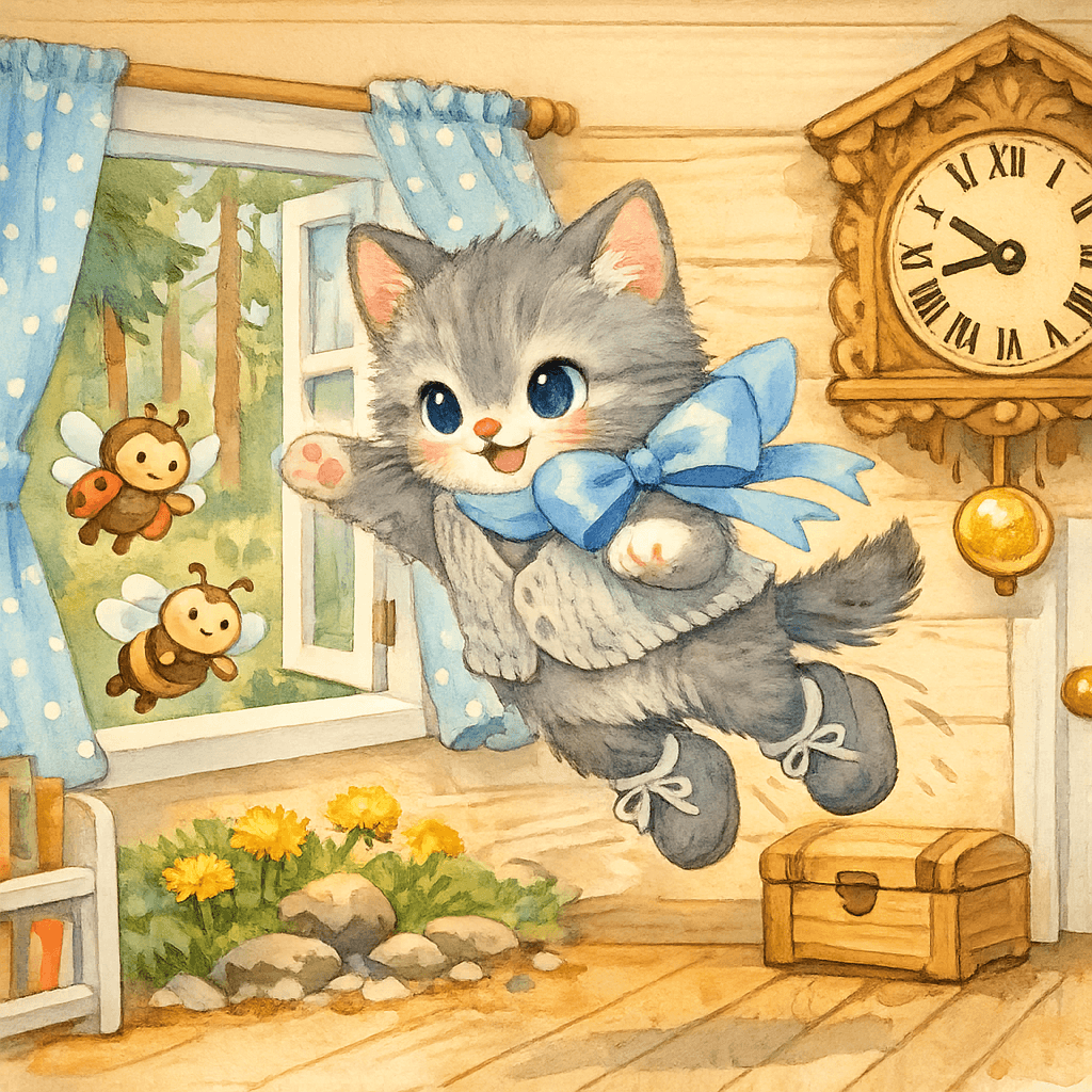 Котёнок прыгает в окно из комнаты на улицу