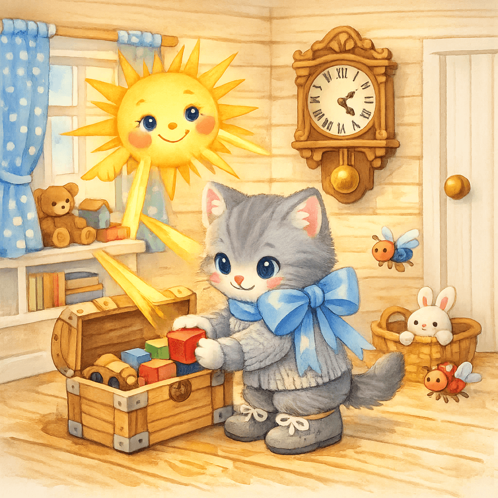 Котёнок убирает игрушки дома под подсказкой солнышка