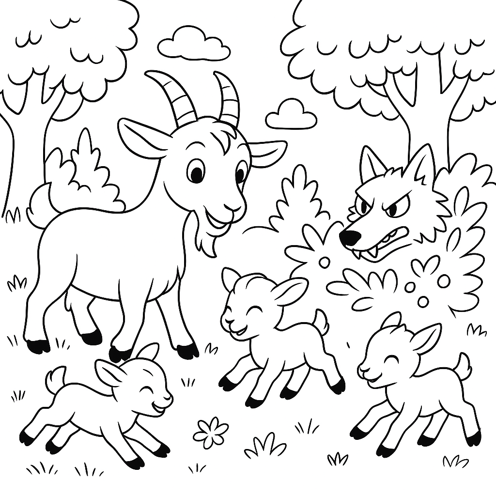 Раскраска по сказке "Волк и козлята"
