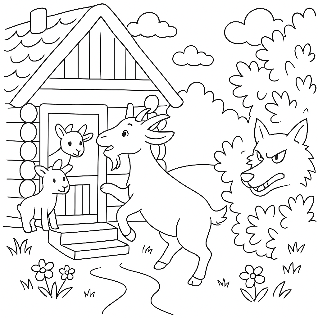 Раскраска по сказке "Волк и козлята"