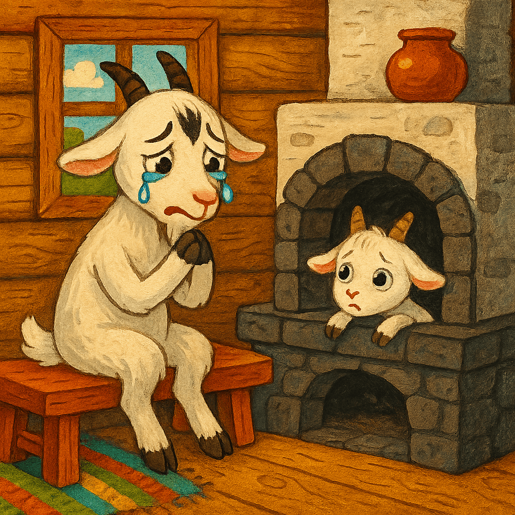 Коза находит козлёночка в печи.