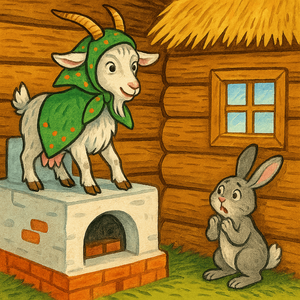 Коза на печи в заячьей избушке.