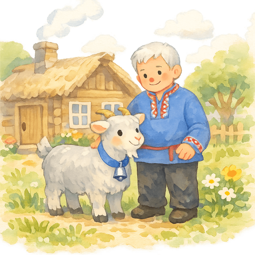 Коза и хозяин у дома, коза получает помощь