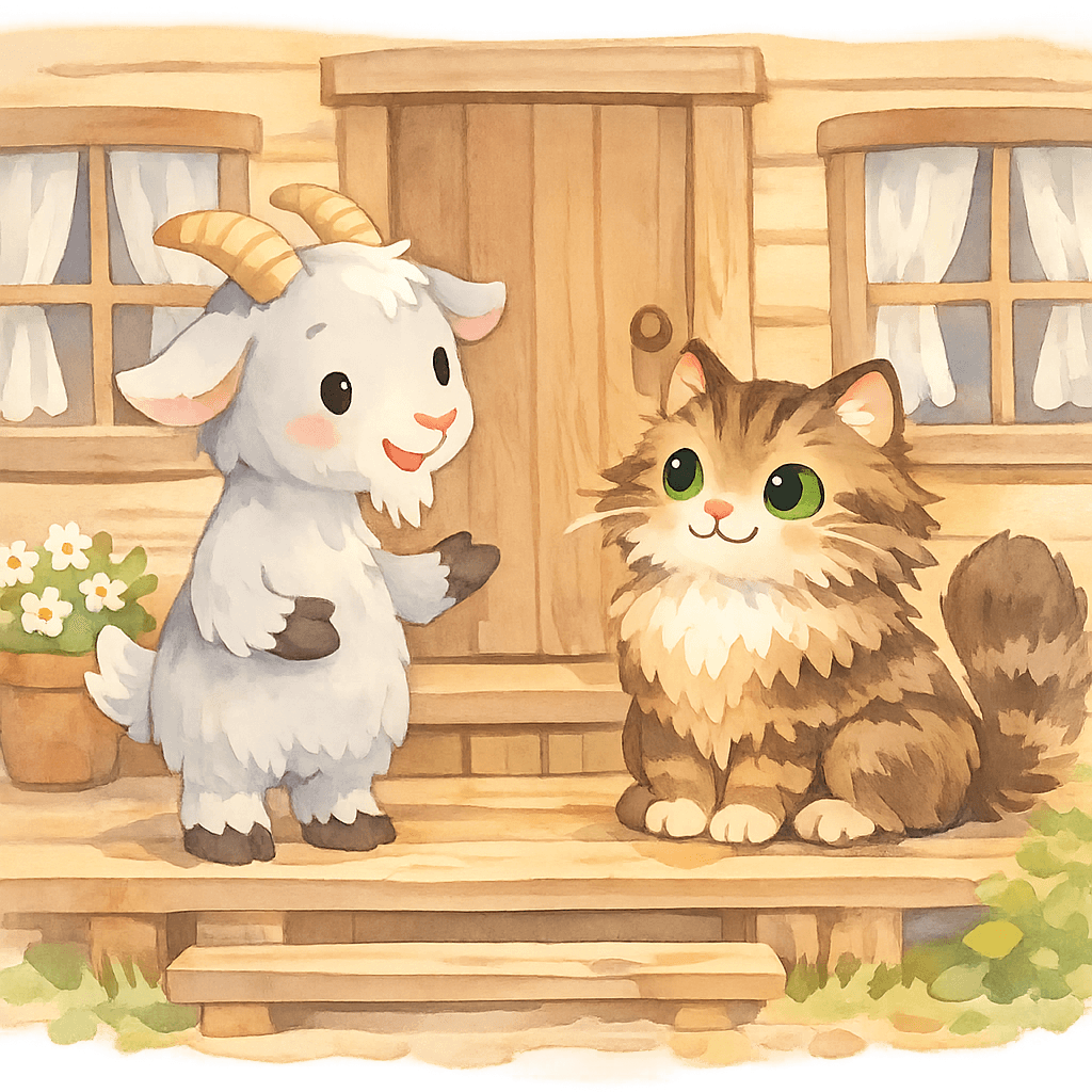 Коза беседует с полосатым котом у дома