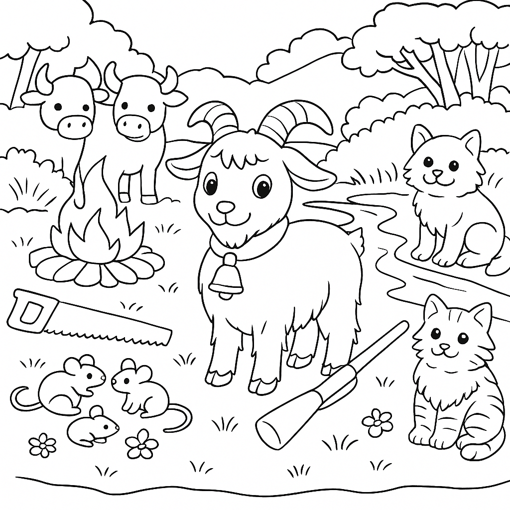 Раскраска по сказке "Коза с колокольчиком"