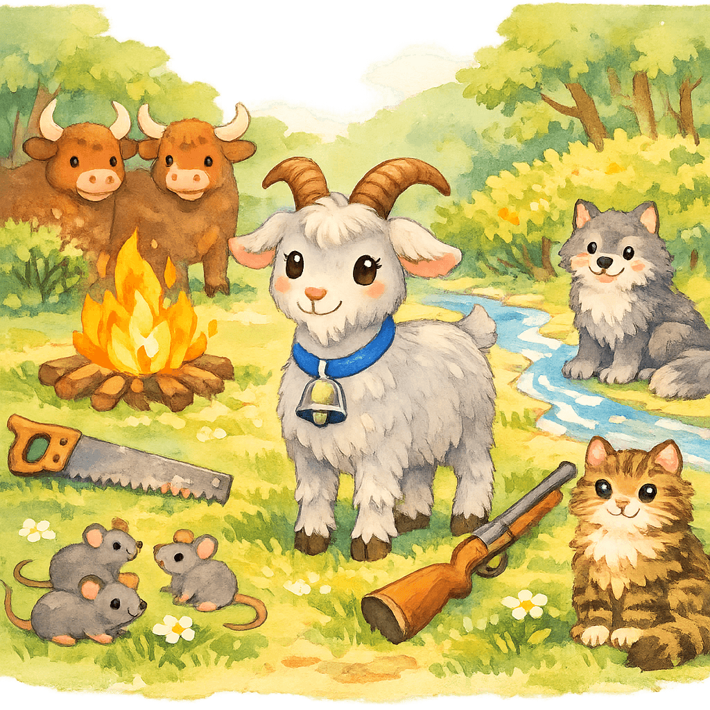 Коза с серебряным колокольчиком на шее стоит на поляне среди других героев сказки