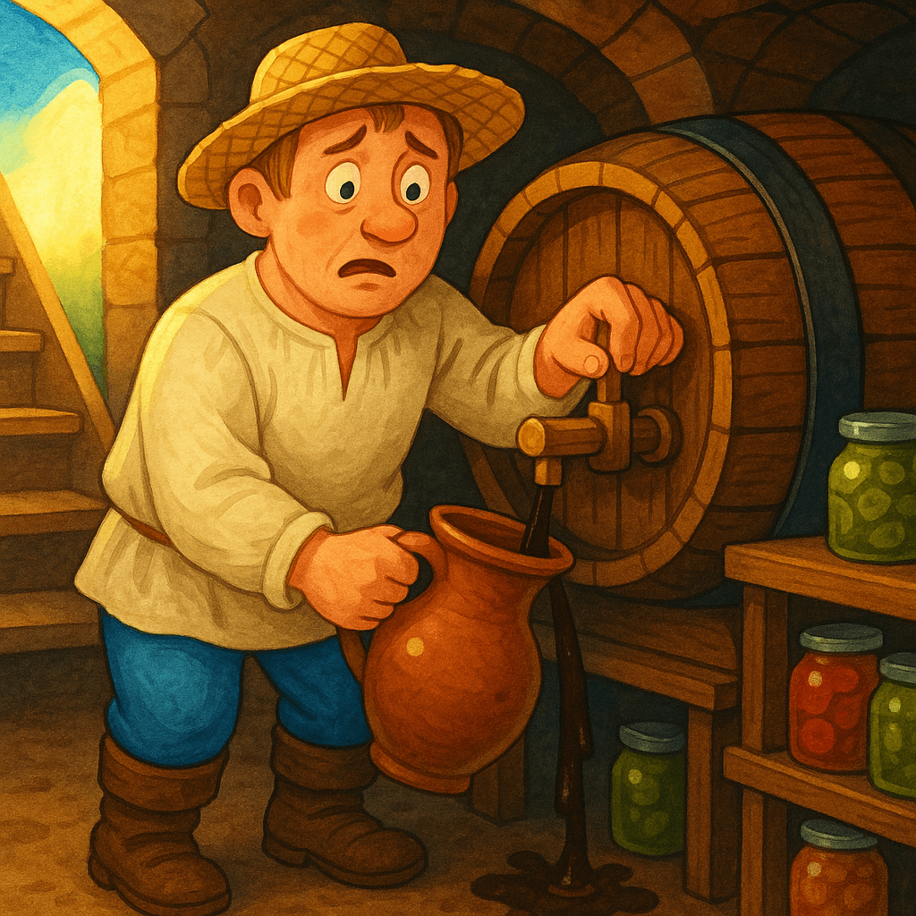 Крестьянин наливает пиво в погребе, спешит к поросёнку