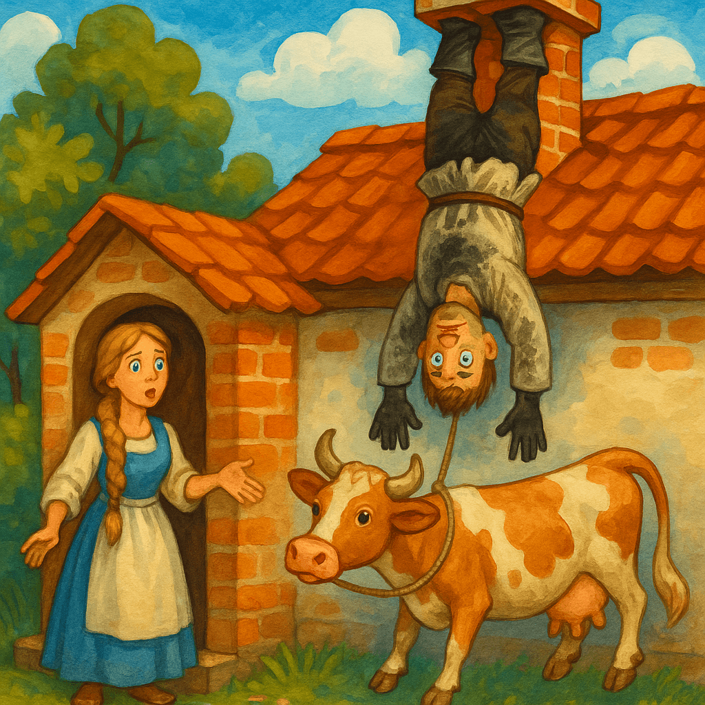 Крестьянин висит в трубе, корова — на верёвке, жена удивляется