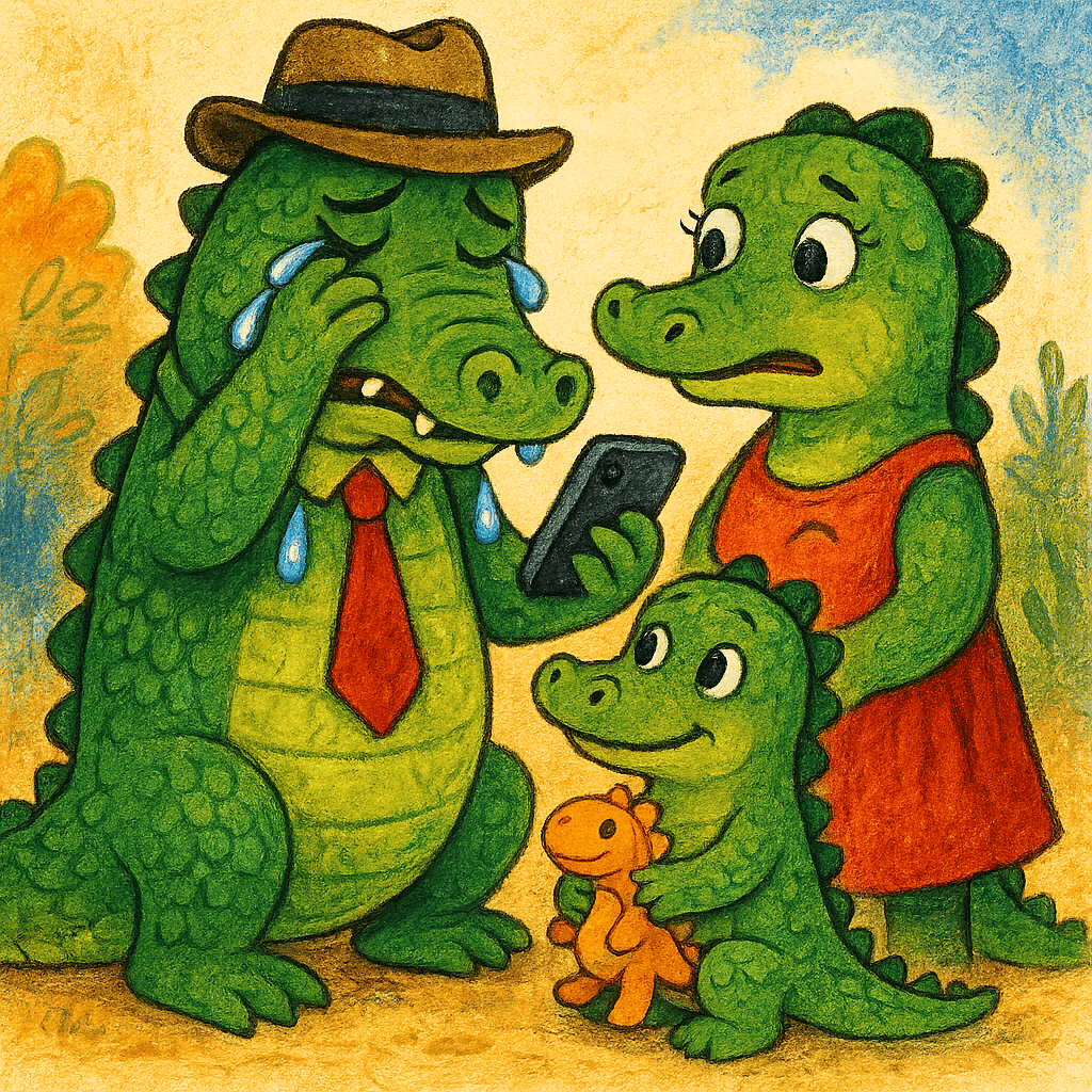 Крокодил с семьей плачет у телефона.