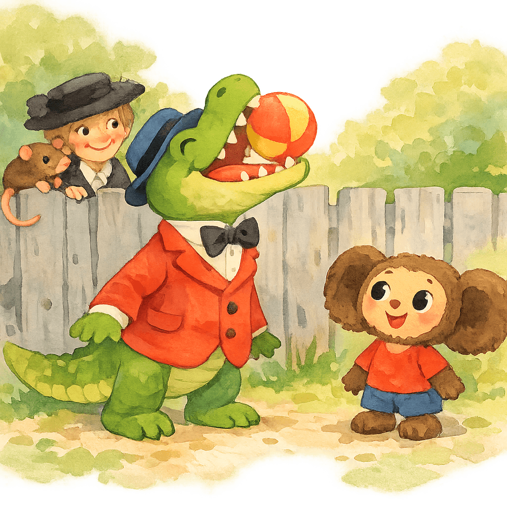 Гена ловит мячик зубами, а Шапокляк выглядывает из-за забора с Лариской