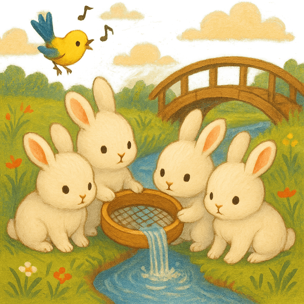 Крольчата с ситом у ручья, над ними поёт птичка