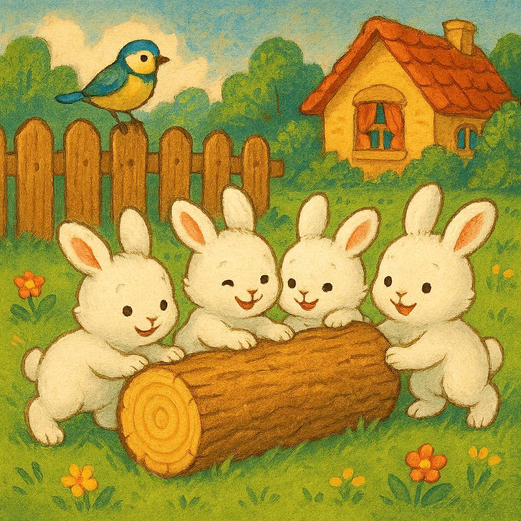 Крольчата катят бревно, на заборе поёт птичка