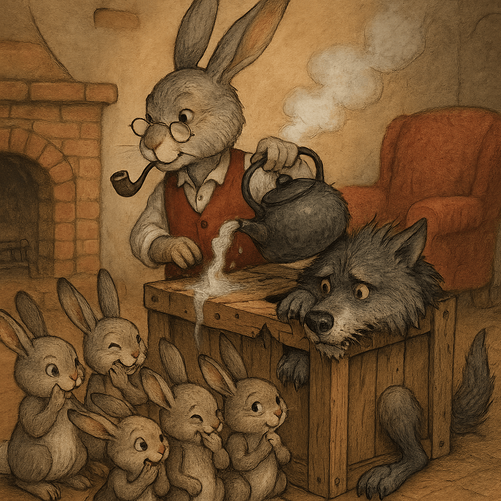 Кролик льёт кипяток на ящик с Волком крольчата наблюдают