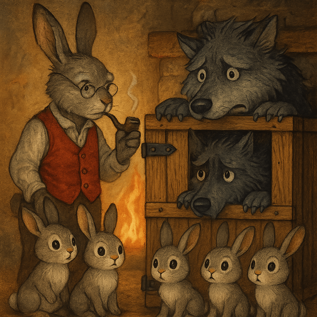 Кролик закрывает Волка в большом деревянном ящике рядом крольчата