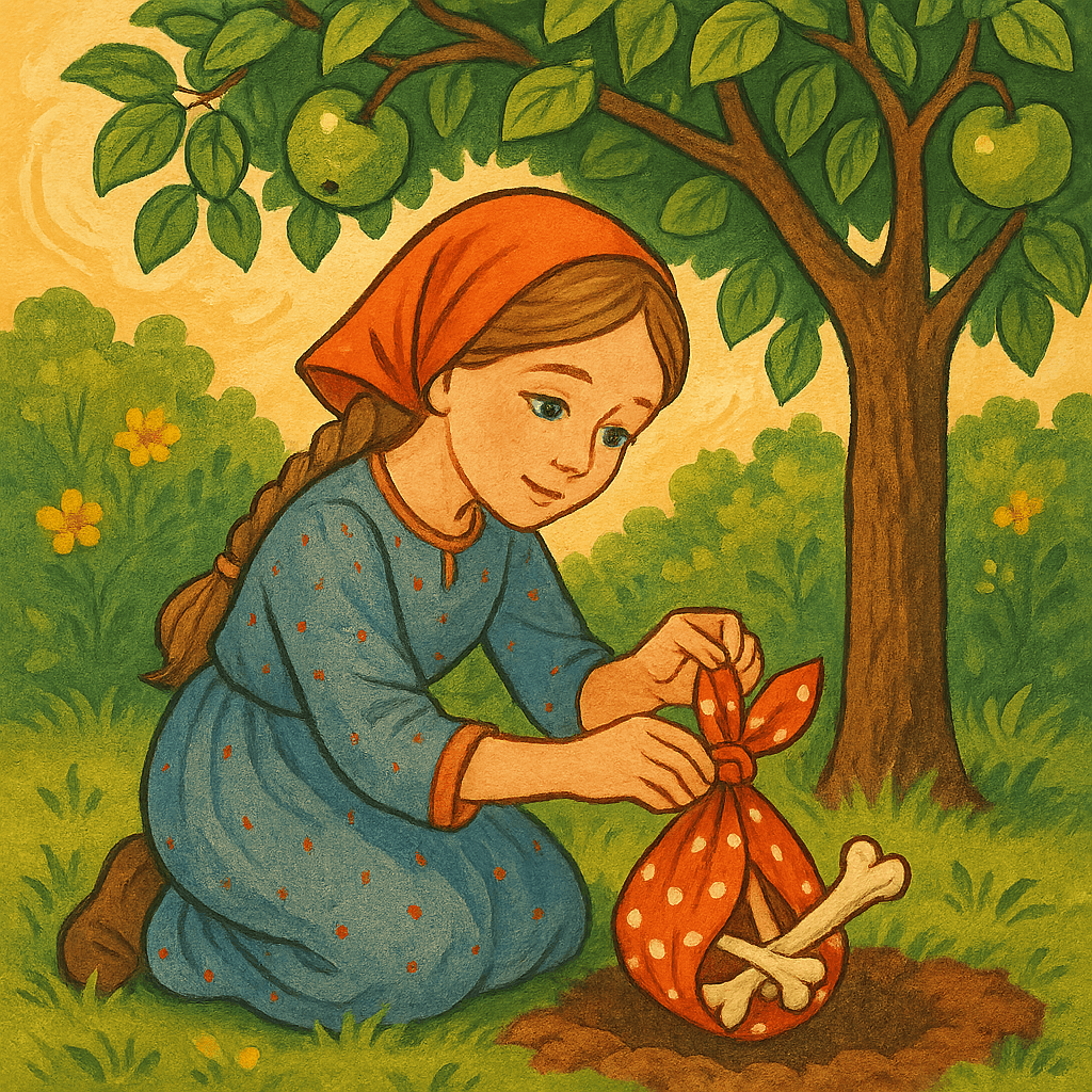 Крошечка-Хаврошечка закапывает косточки коровы в саду