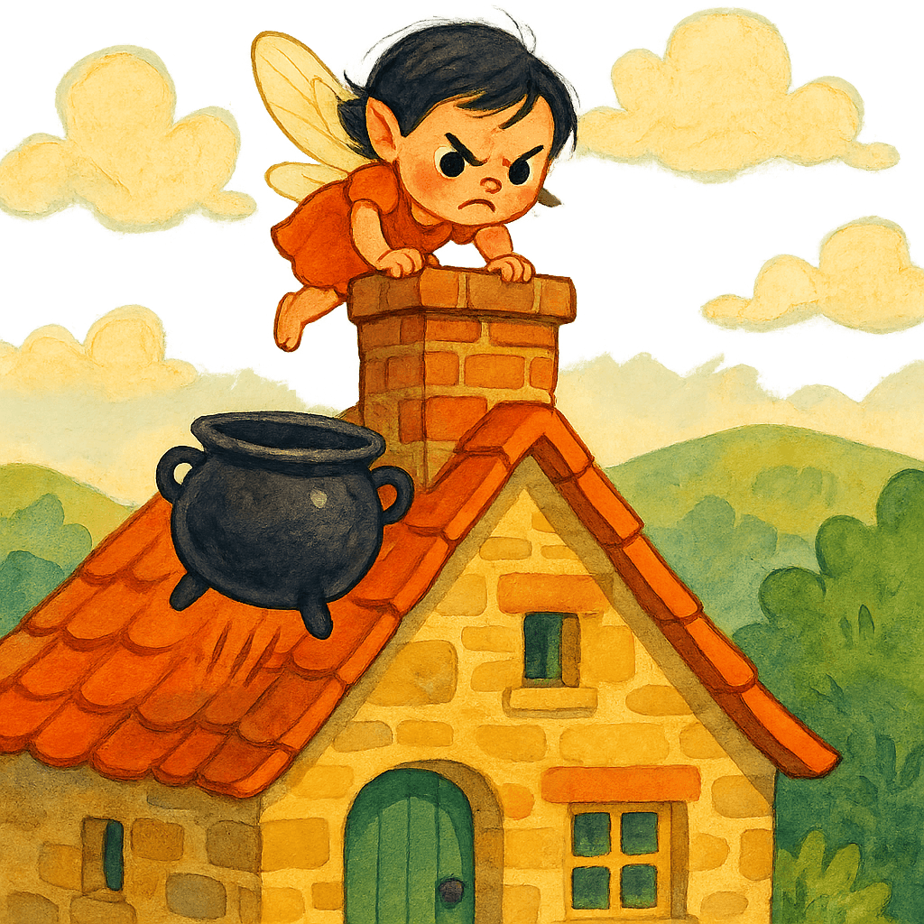 Сердитая фея на крыше забирает котел через дымоход.