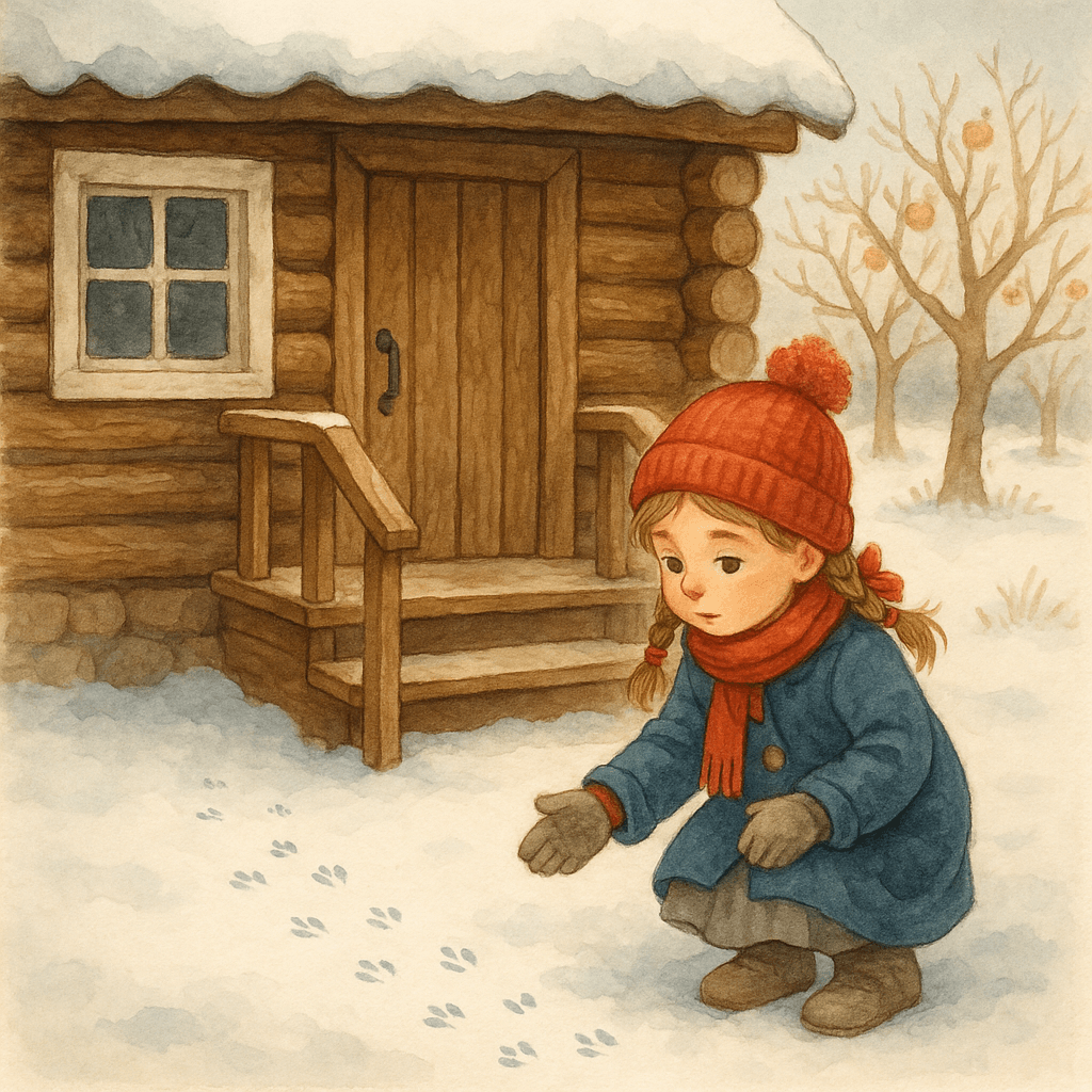 Катя разглядывает следы на снегу на ступеньках и в саду