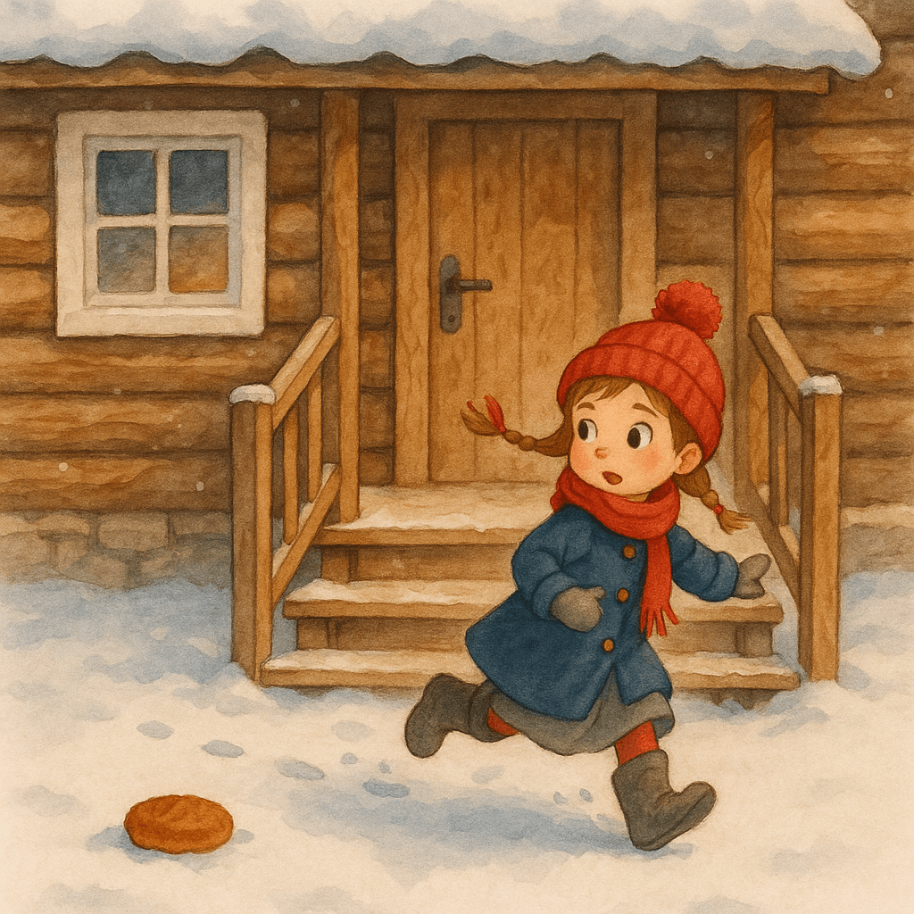 Катя кладёт котлетку на ступеньку и убегает