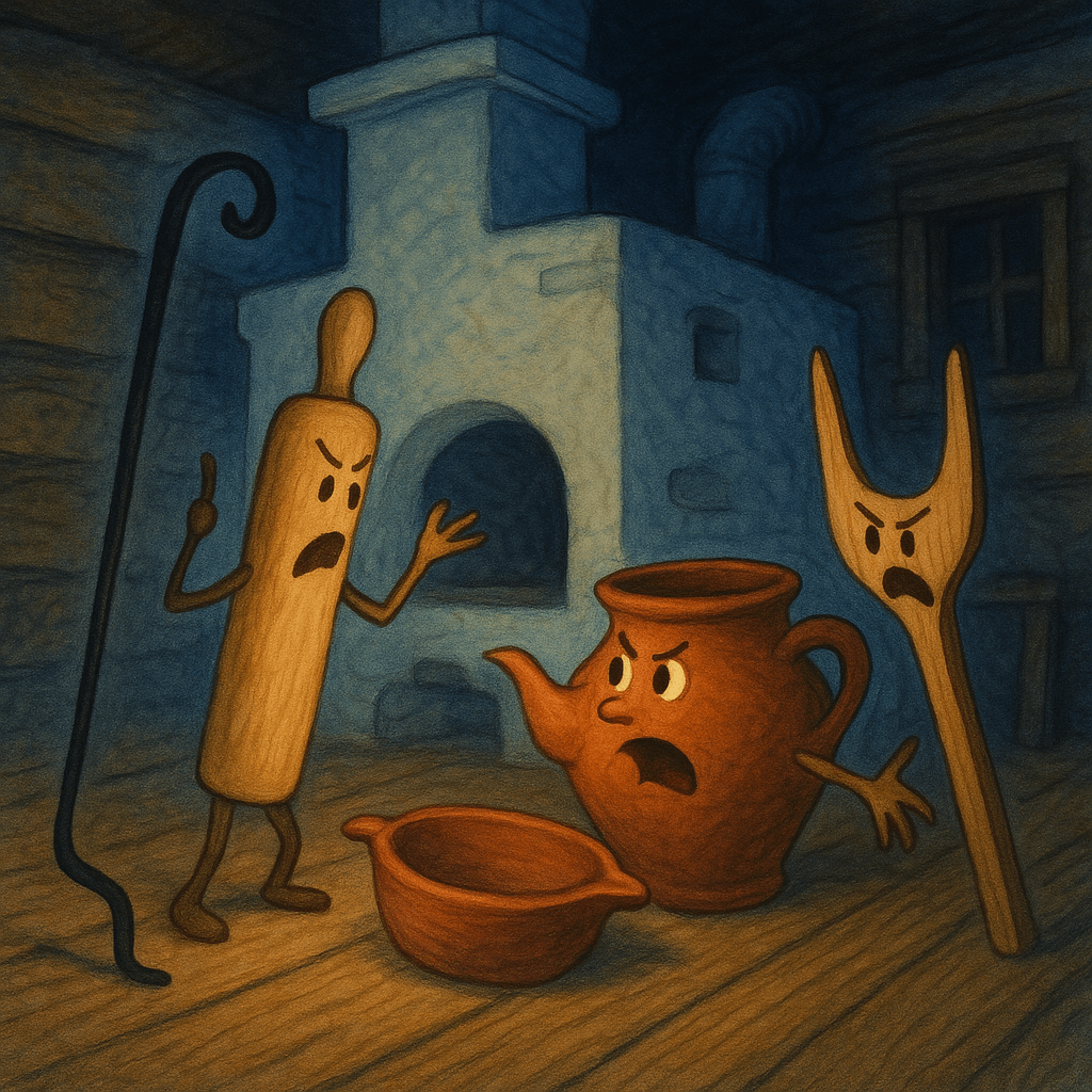 Кочерга, скалка, противень и ухват спорят у печки ночью