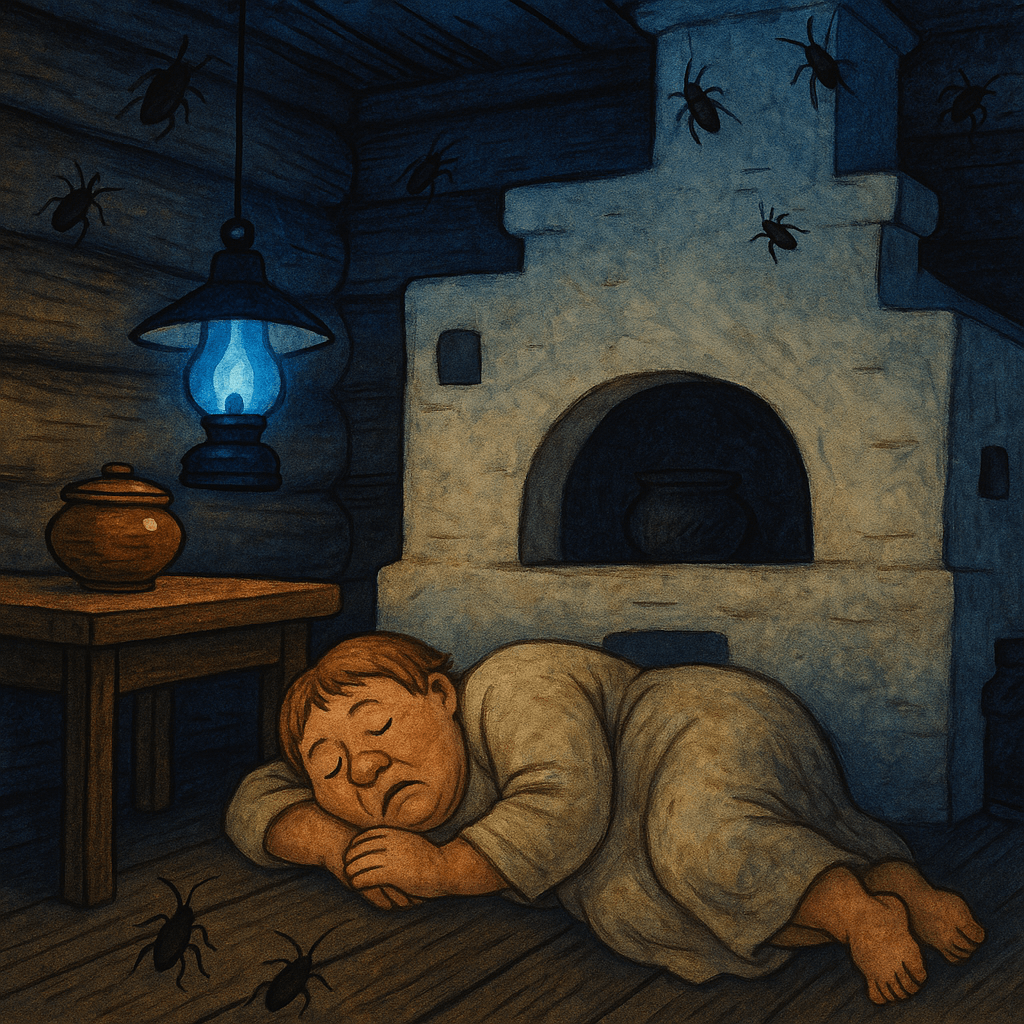 Стряпуха спит на полу рядом с печкой, вокруг испуганные тараканы