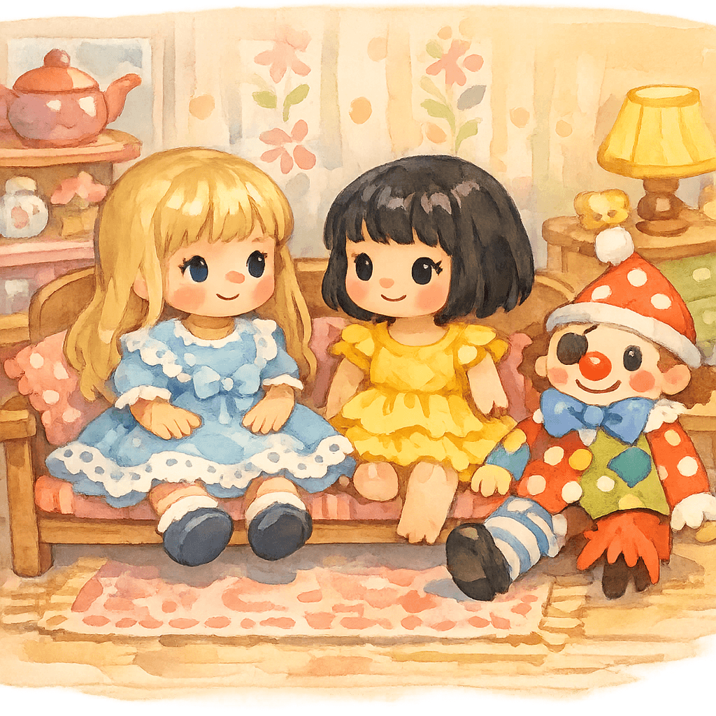 Куклы Аня и Катя с Клоуном на диванчике