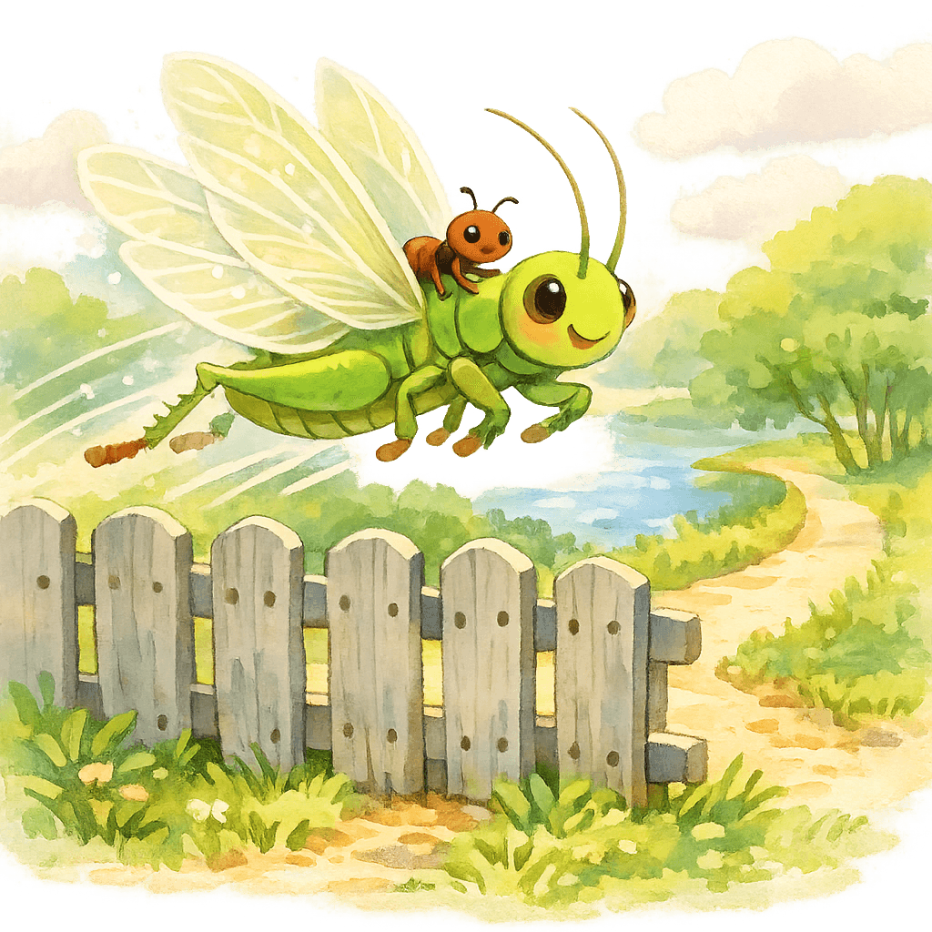Кузнечик расправляет крылья и перепрыгивает через забор с Муравьишкой.