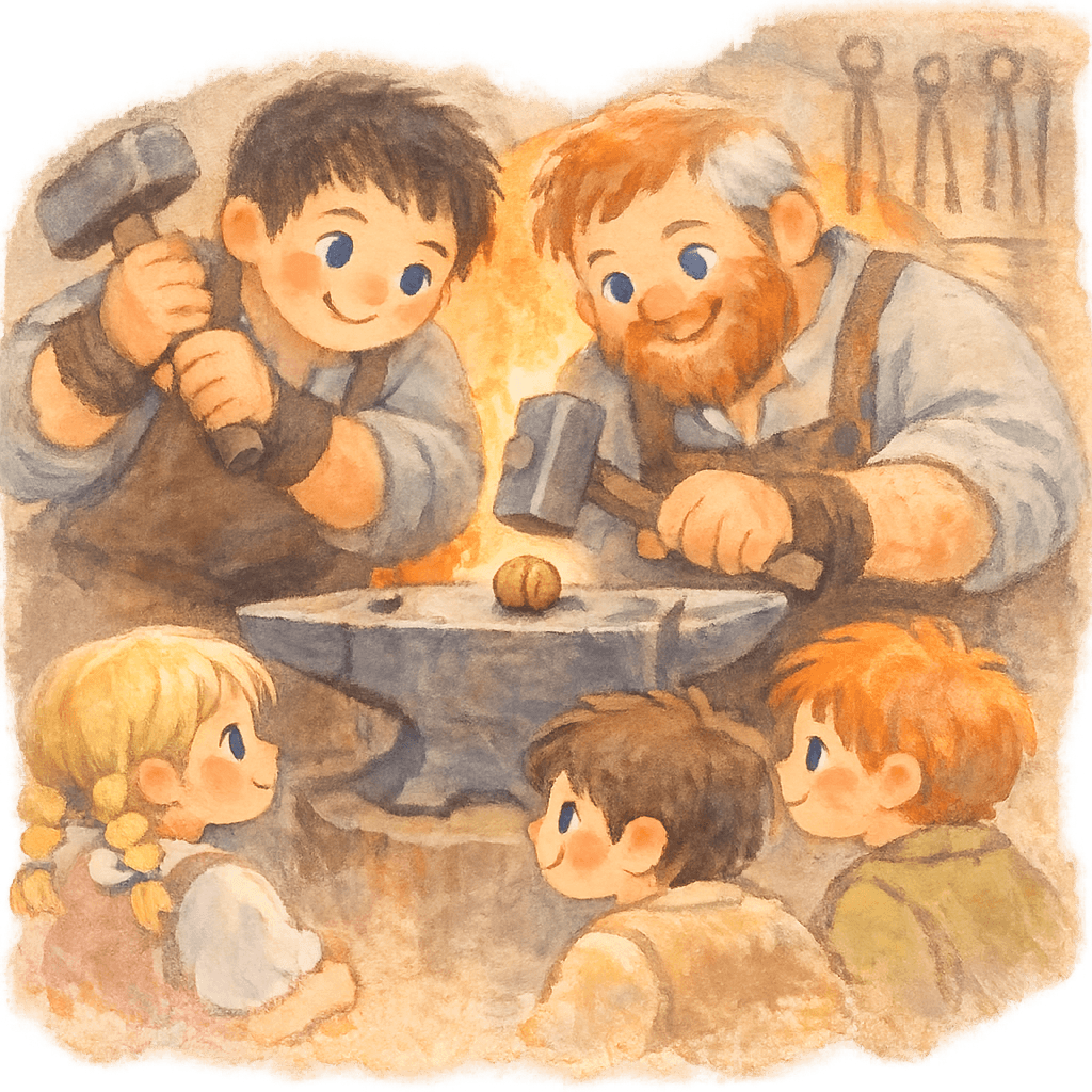 Кузнецы и дети в кузнице с нераскалывающимся орехом