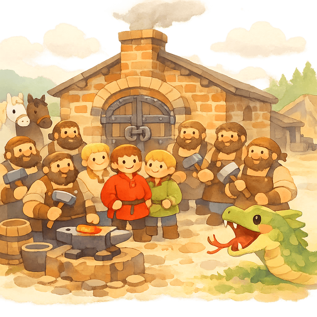 Братья с конями входят в кузницу, кузнецы закрывают за ними железные двери