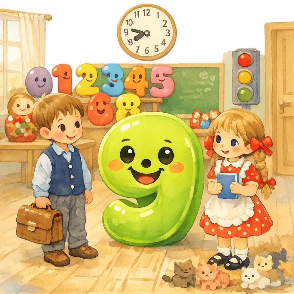 Цифра 9 в классной комнате готовится перевернуться на голову, превращаясь в цифру 6, мальчик и девочка внимательно и счастливо наблюдают за ней на фоне классного интерьера с другими цифрами, матрёшками и котятами.