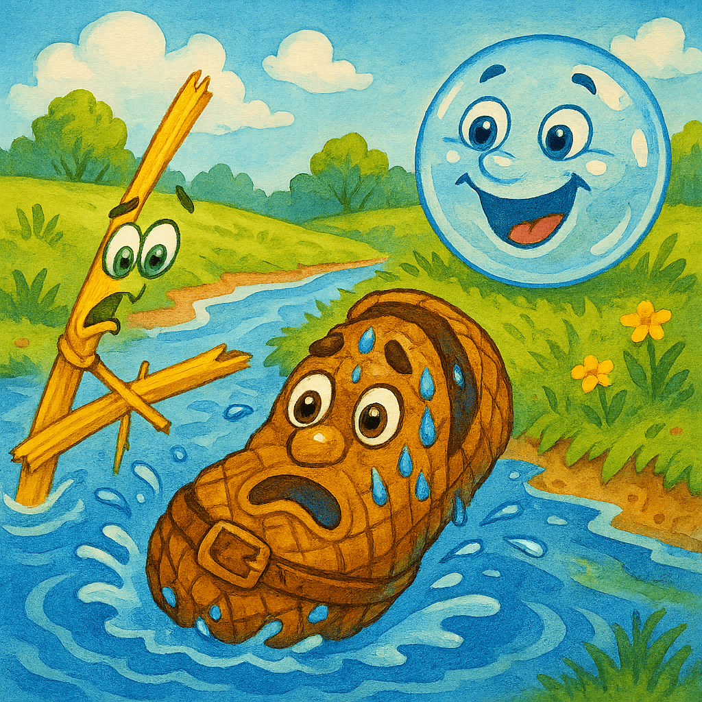 Лапоть падает в реку с поломанной соломинки, Пузырь смеётся