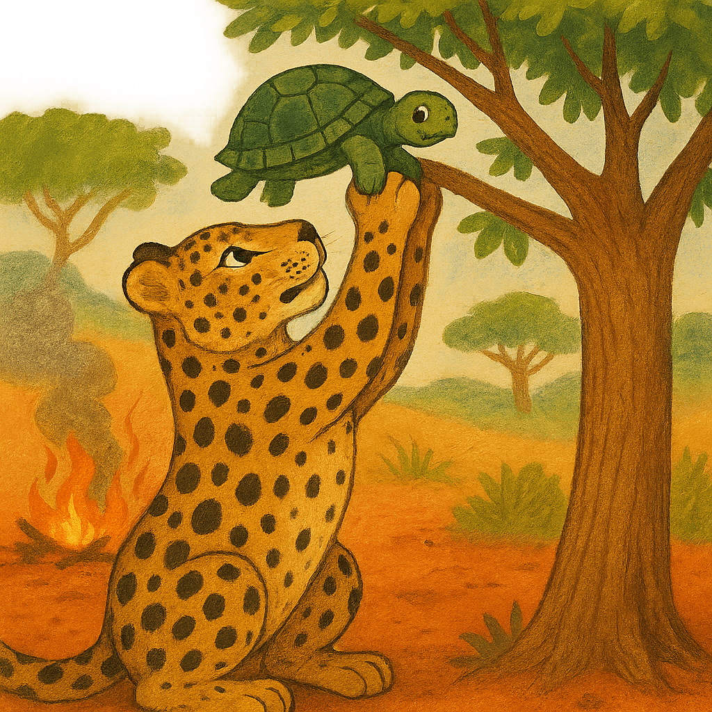 Леопард помогает черепахе, поднимая её на высокое дерево, чтобы спасти от огня.