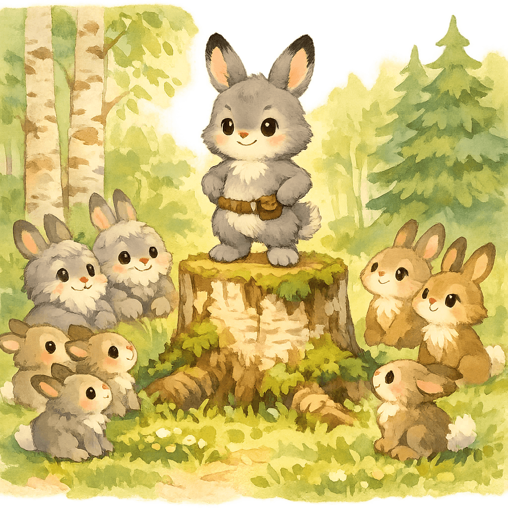 Зайцы собрались вокруг храброго зайца на поляне