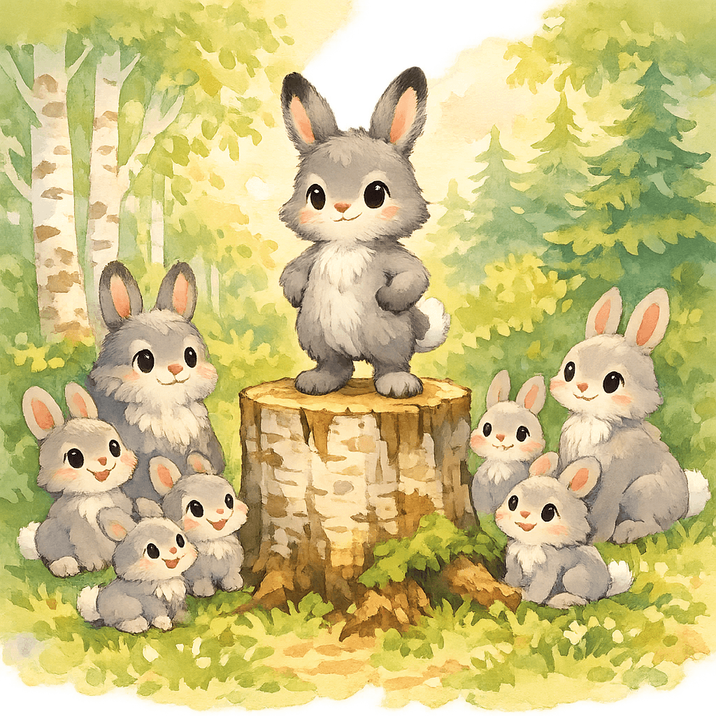 На пеньке в лесу стоит храбрый заяц, вокруг собрались другие зайцы