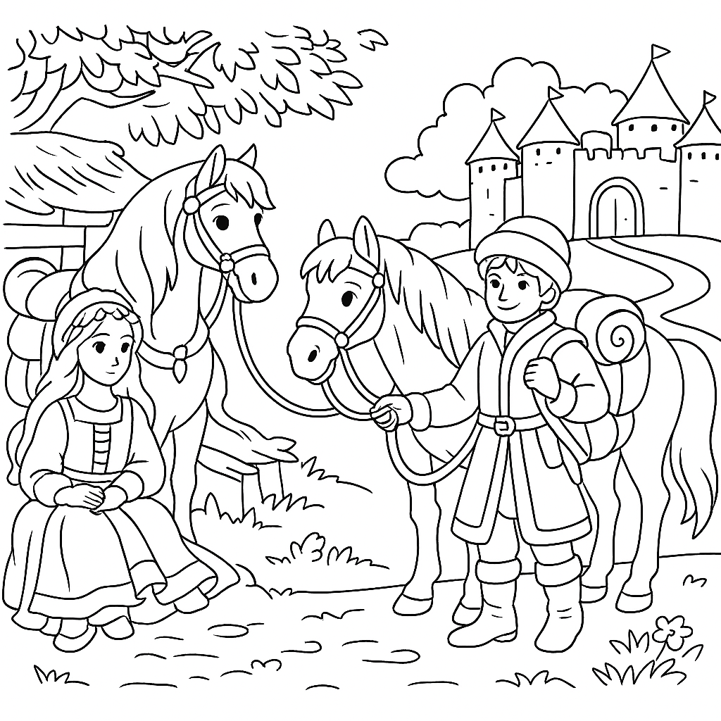 Раскраска по сказке "Иван-царевич и серый волк"