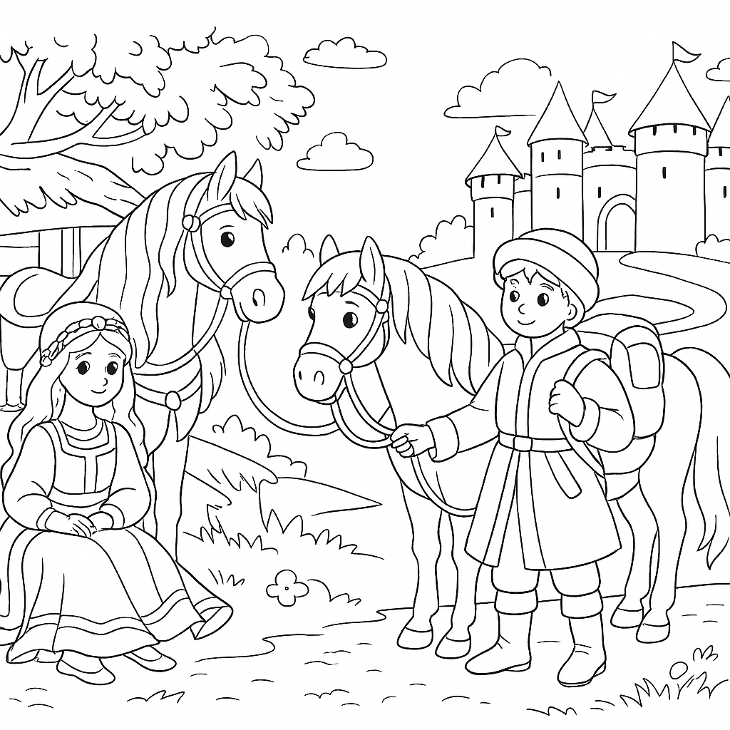 Раскраска по сказке "Иван-царевич и серый волк"