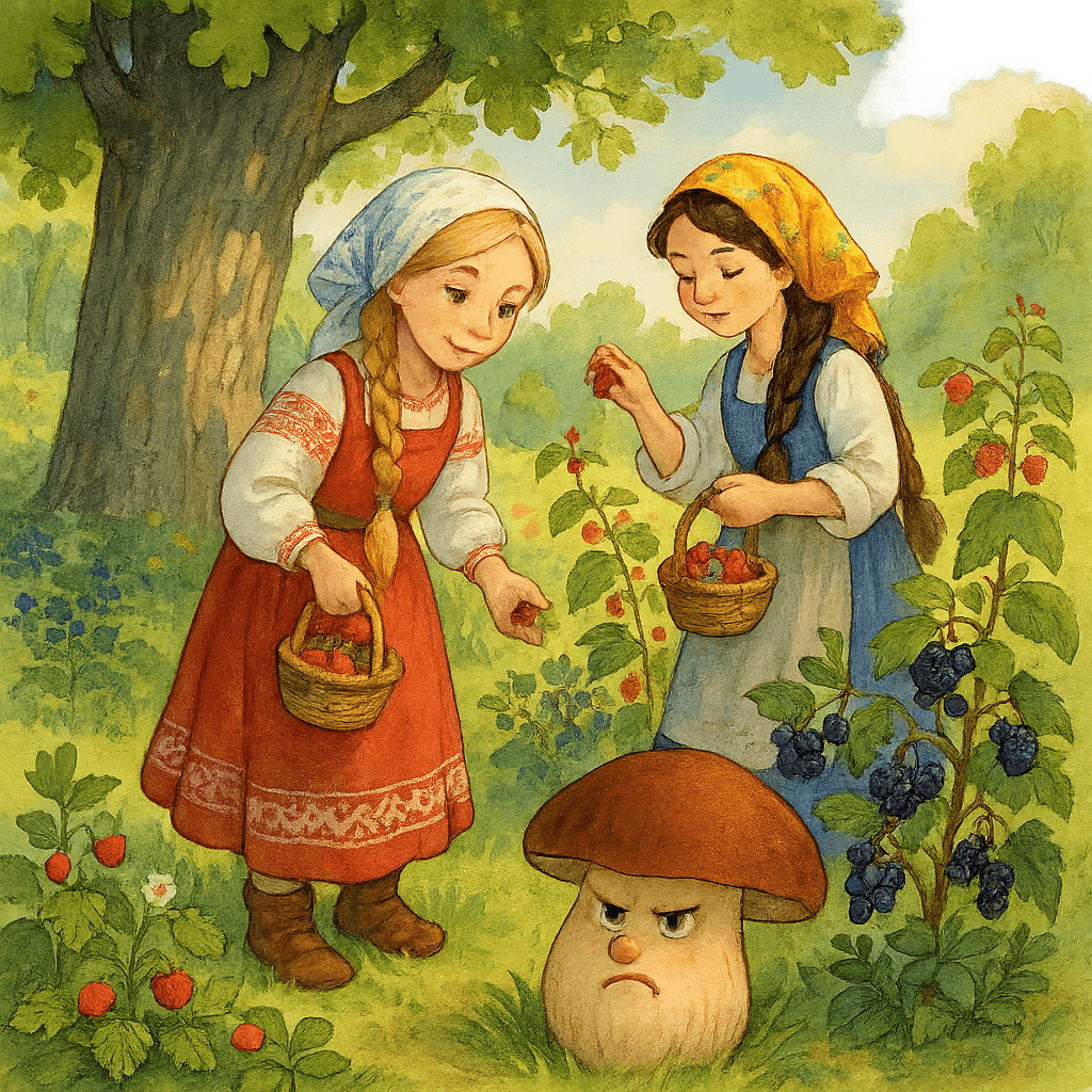 Девушки собирают ягоды, а сердитый боровик пыжится под дубом