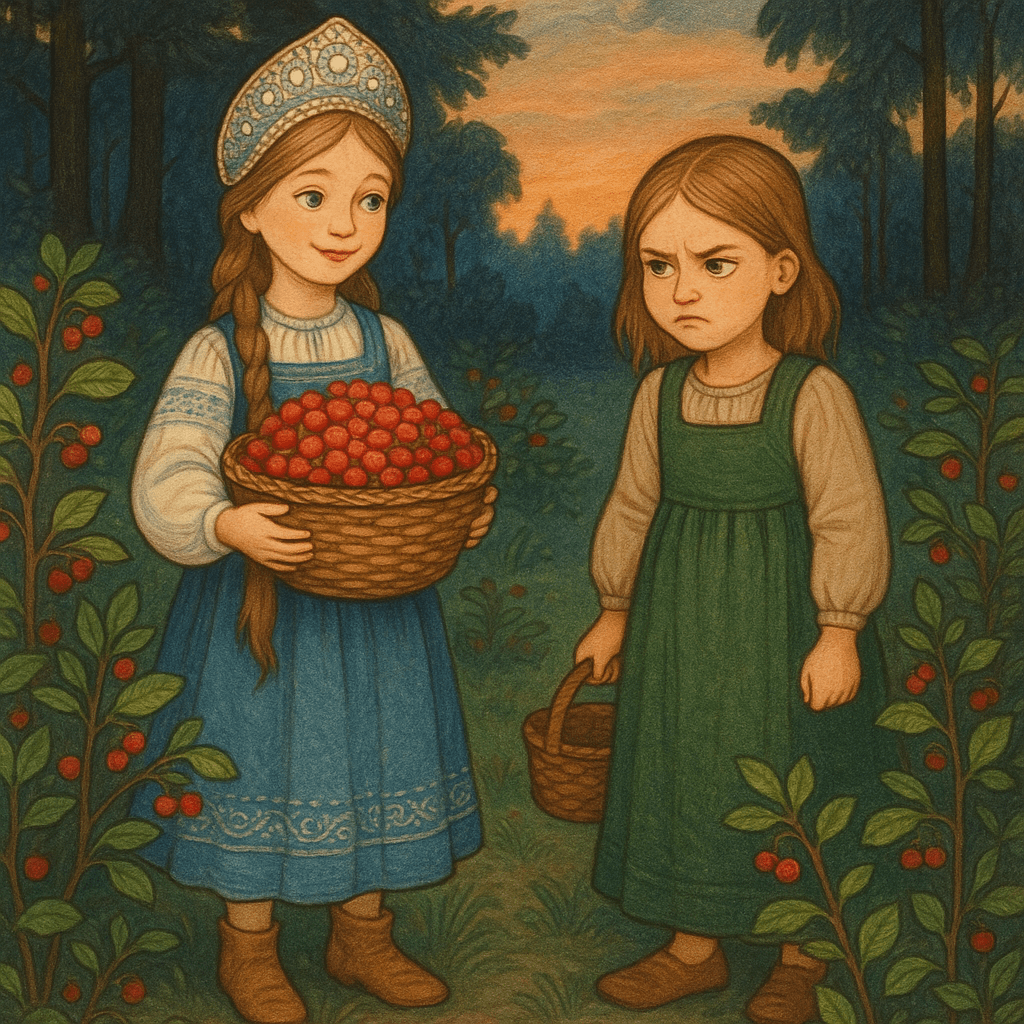 Девочки на поляне, у одной корзина полна ягод, у другой почти пустая