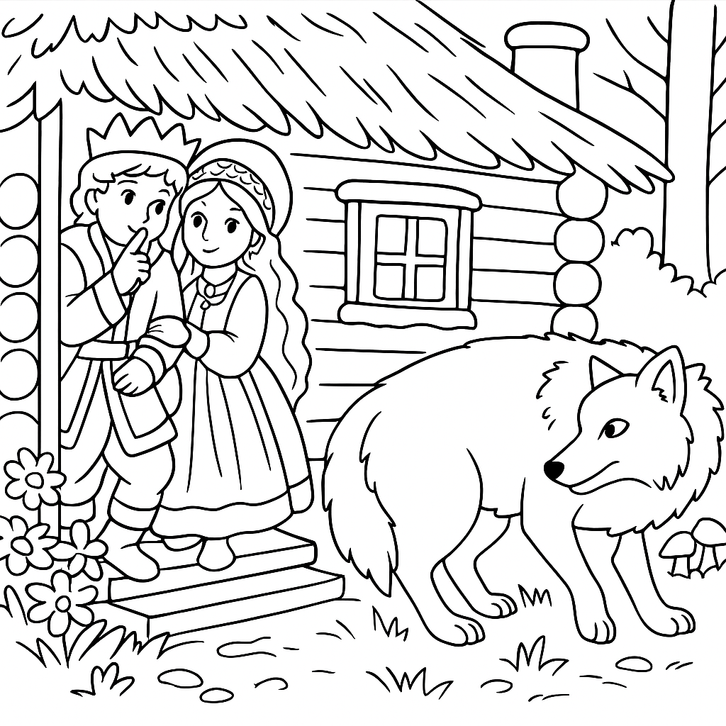 Раскраска по сказке "Иван-царевич и серый волк"