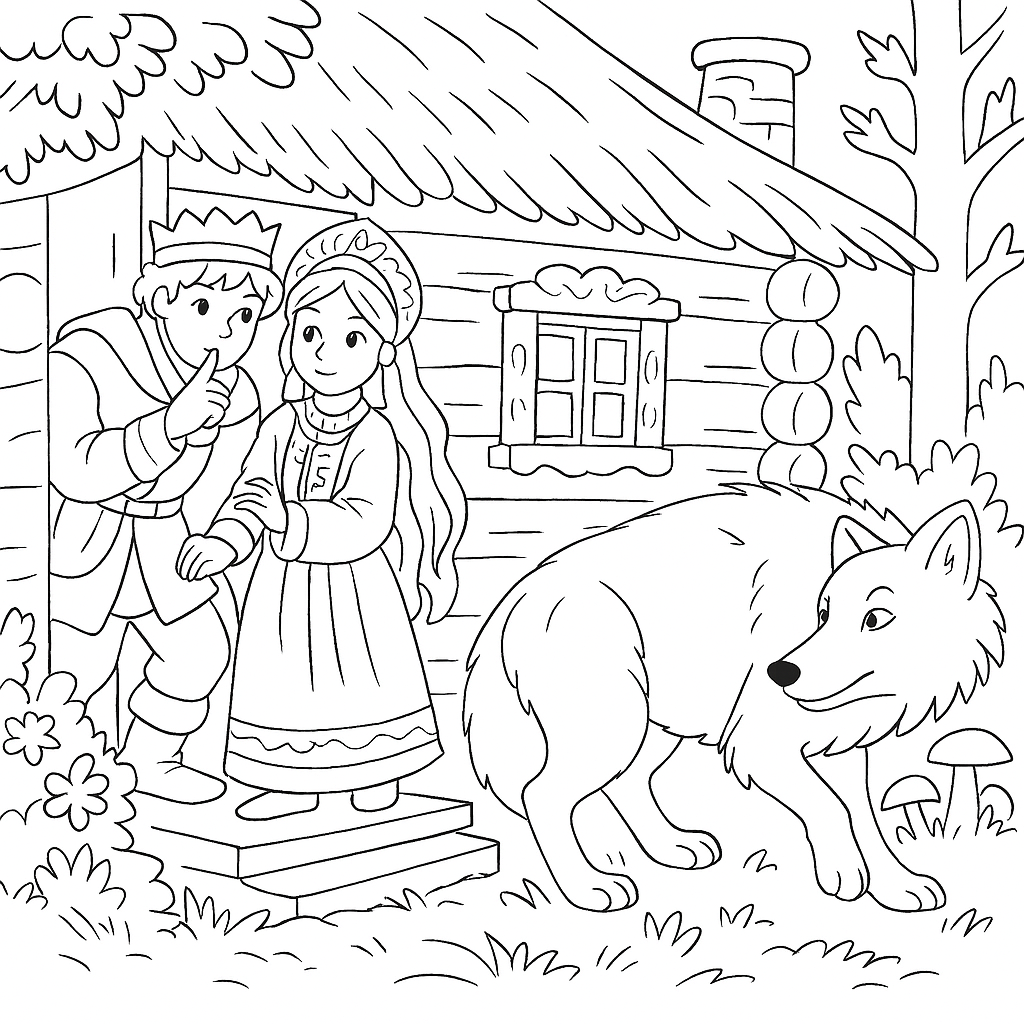 Раскраска по сказке "Иван-царевич и серый волк"