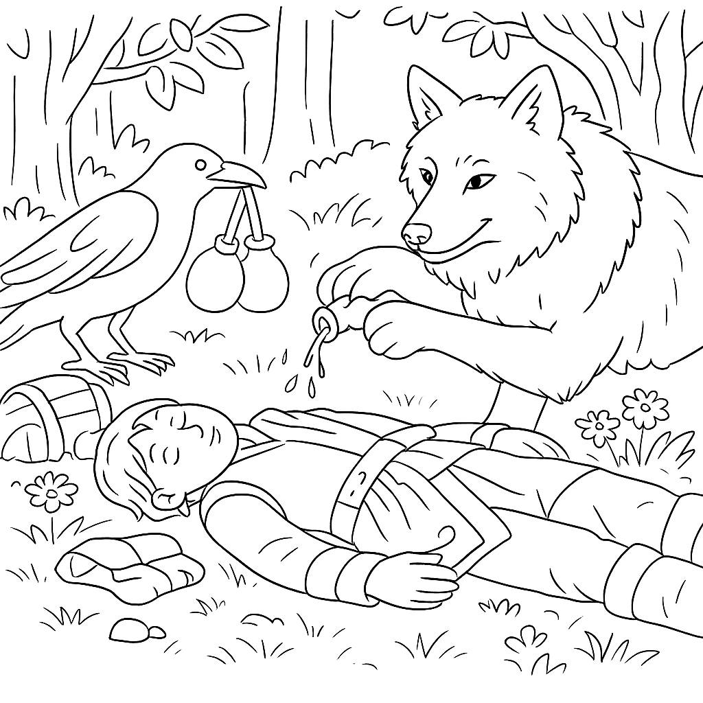 Раскраска по сказке "Иван-царевич и серый волк"