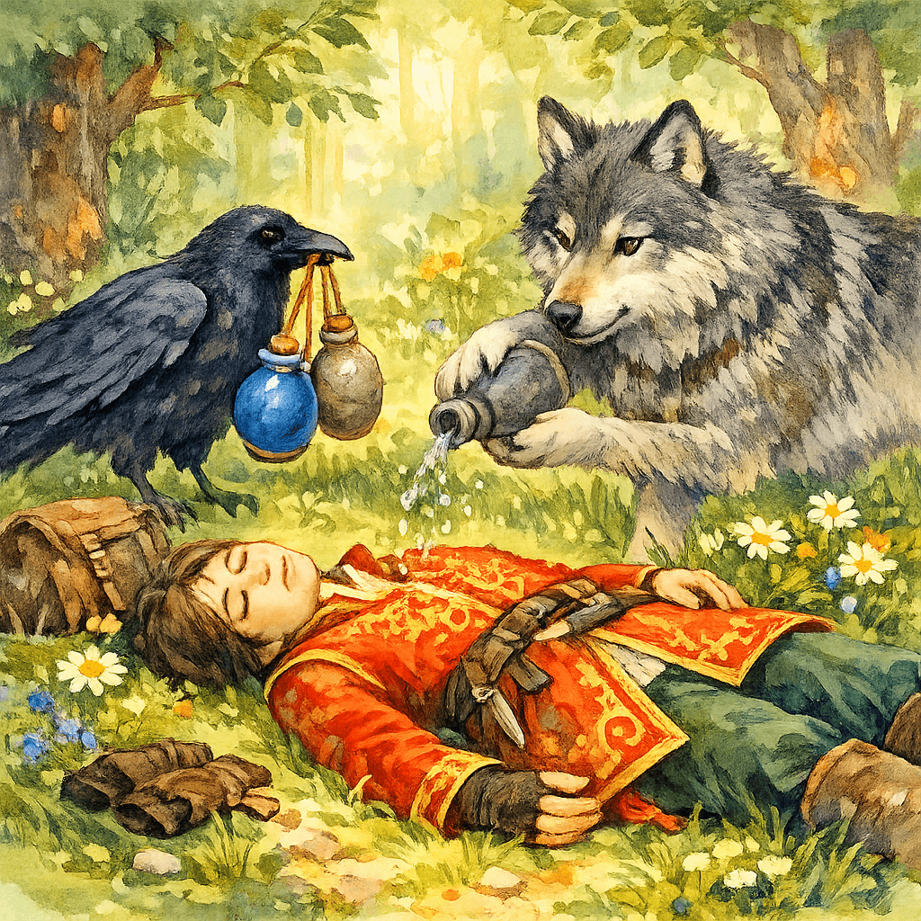 Серый Волк оживляет Ивана живой и мёртвой водой