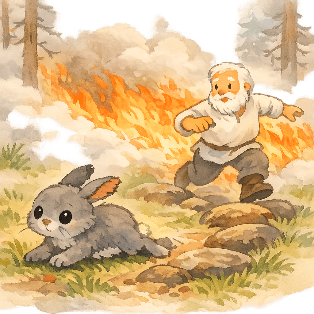 Дед бежит за зайцем по лесу во время пожара