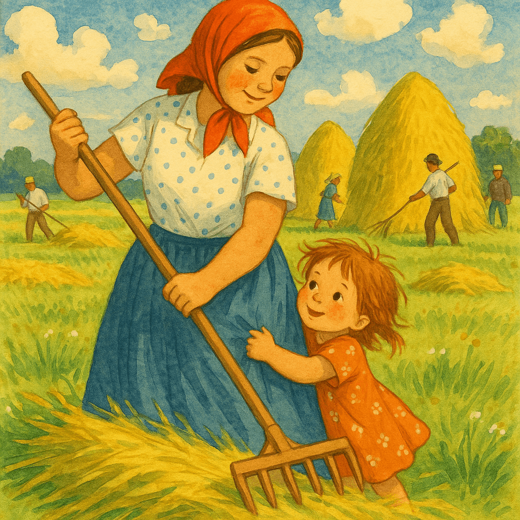 Аришка на покосе мешает маме