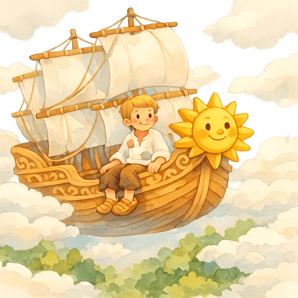 Младший сын на летучем корабле парит над деревьями