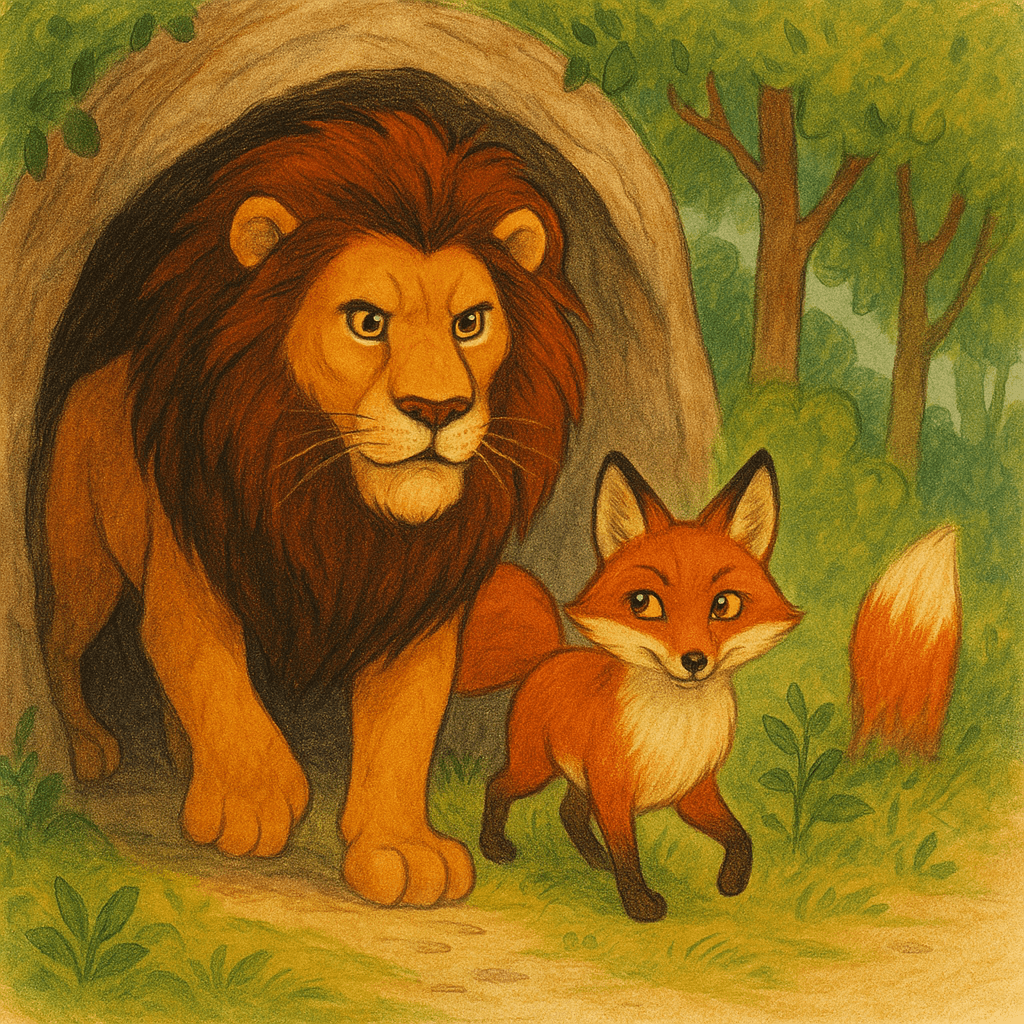 Лев выходит из пещеры с лисой рядом