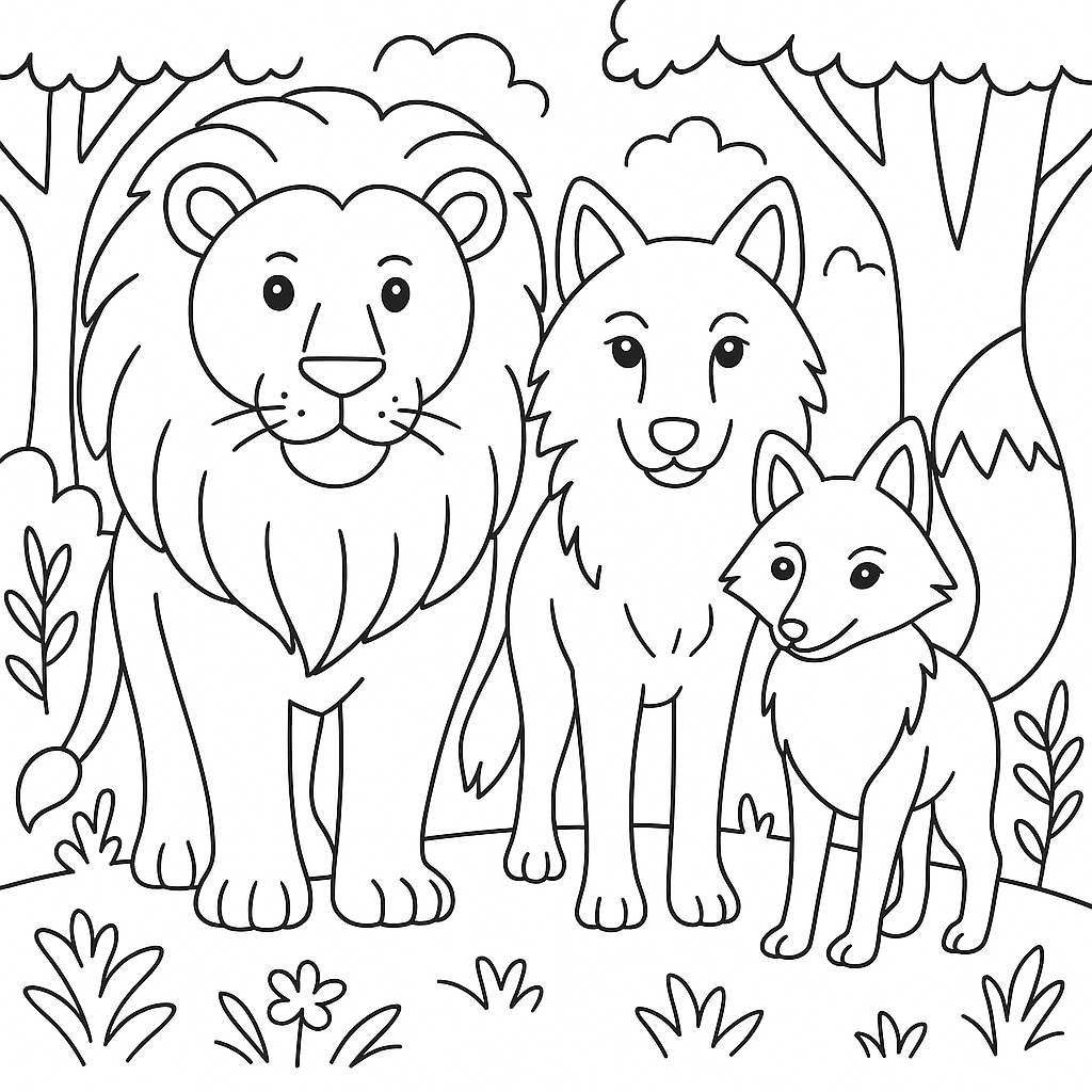 Раскраска по сказке "Лев, волк и лиса"